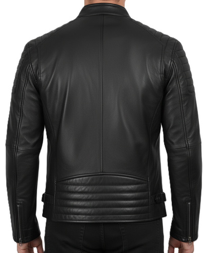 Mens Black Sheepskin Leather Biker Jacket - Back View