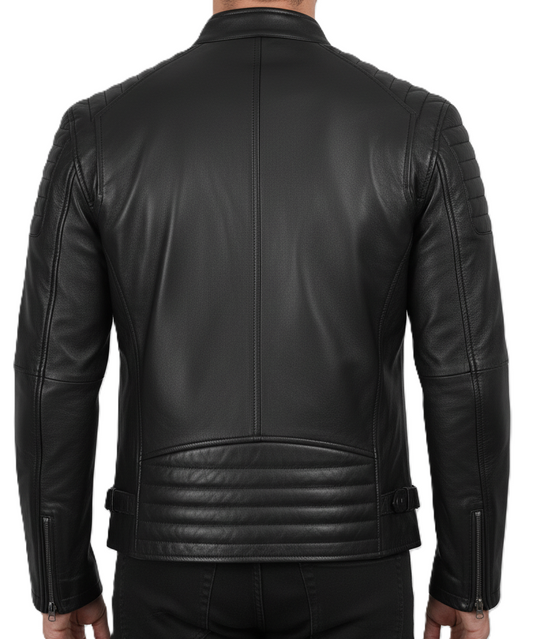 Mens Black Sheepskin Leather Biker Jacket - Back View