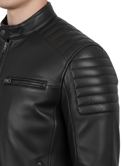 Mens Black Sheepskin Leather Biker Jacket - Collar Detail