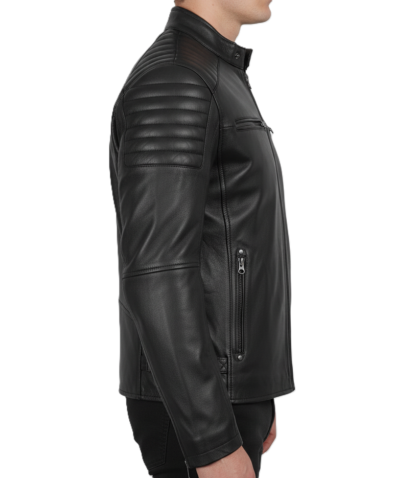 Mens Black Sheepskin Leather Biker Jacket - Detail View