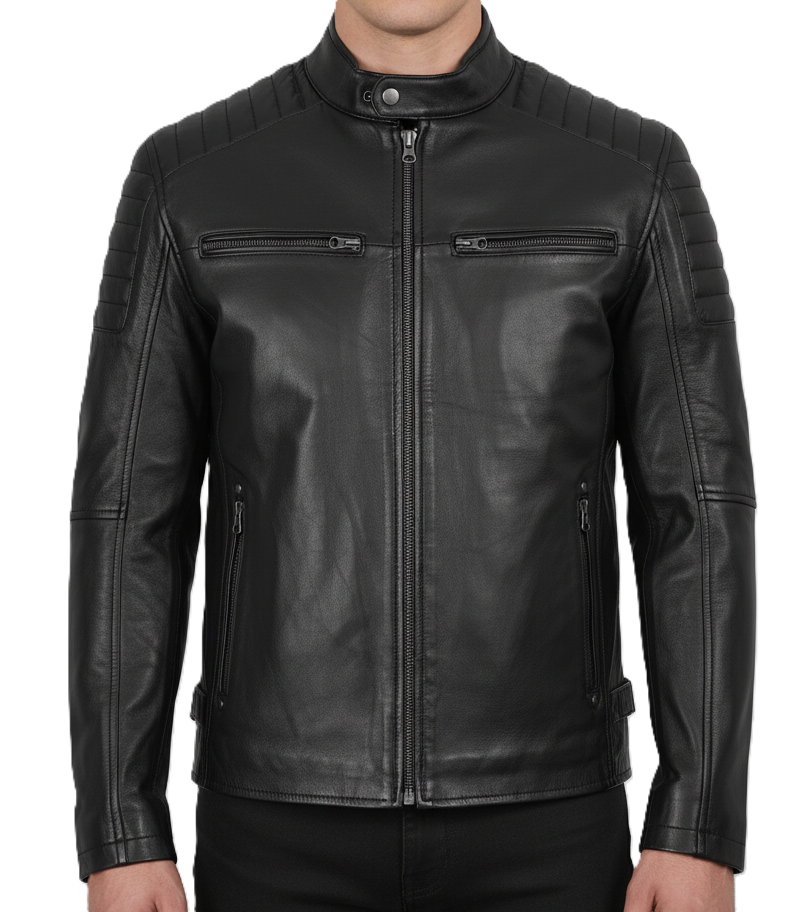 Mens Black Sheepskin Leather Biker Jacket - Front View