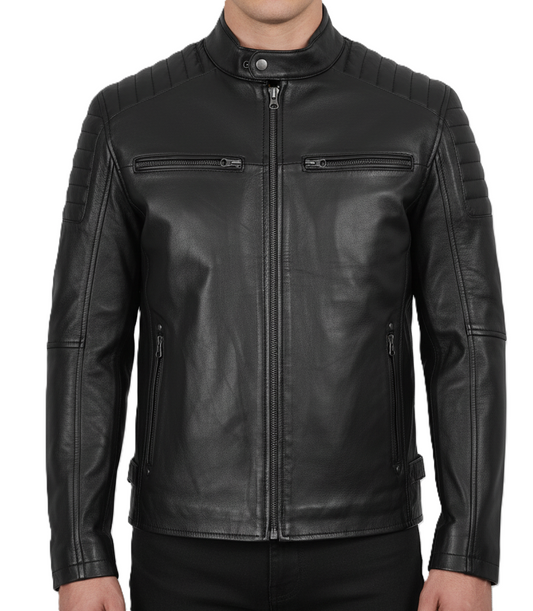 Mens Black Sheepskin Leather Biker Jacket - Front View