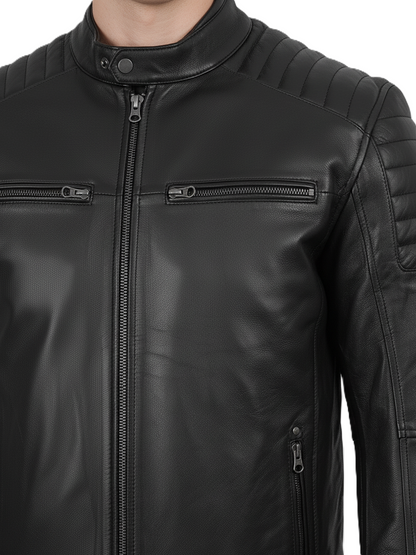 Mens Black Sheepskin Leather Biker Jacket - Full Look