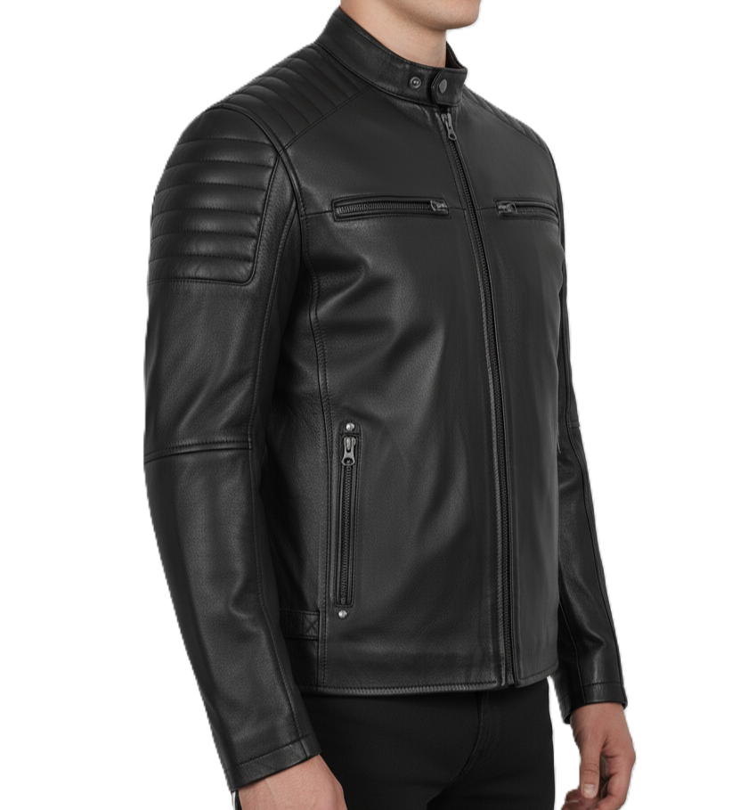 Mens Black Sheepskin Leather Biker Jacket - Side View