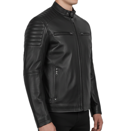Mens Black Sheepskin Leather Biker Jacket - Side View