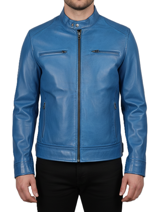 Mens Blue Leather Biker Style Jacket - Front View