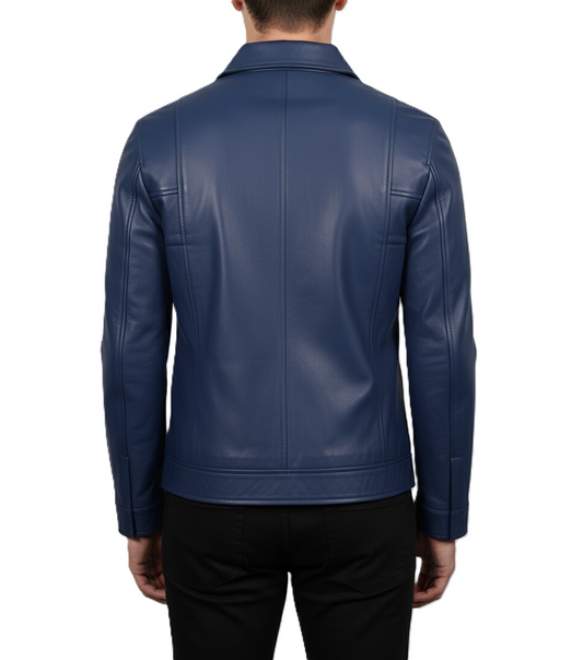 Mens Blue Leather Harrington Jacket - Back View
