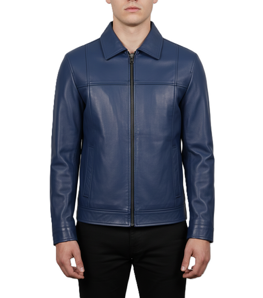 Mens Blue Leather Harrington Jacket - Front View