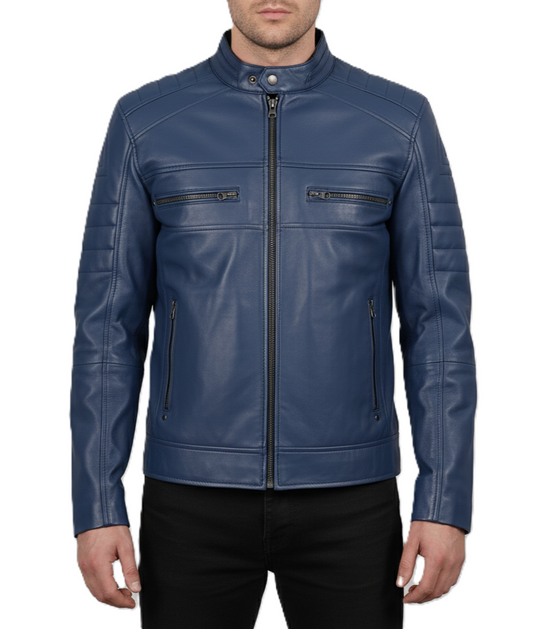 Mens Blue Leather Motorcycle Jacket with Padding - Front View