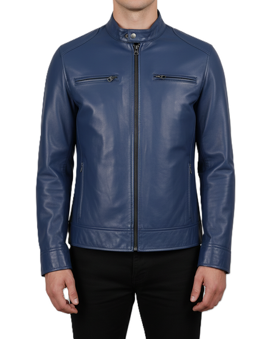 Mens Blue Leather Racer Jacket Slim Fit - Front View