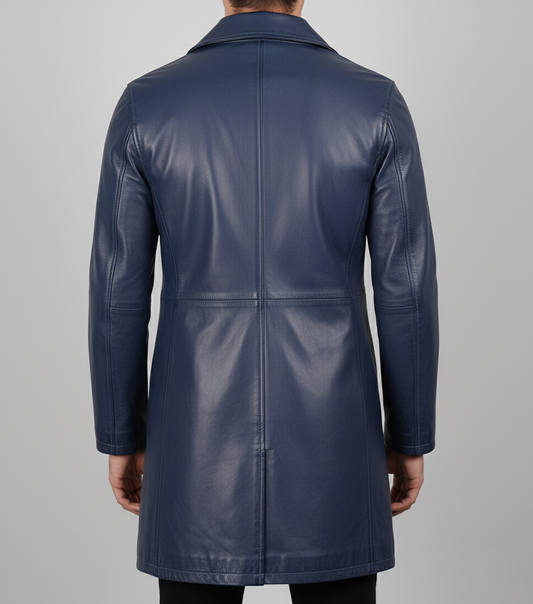 Mens Blue Leather Trench Coat - Back View