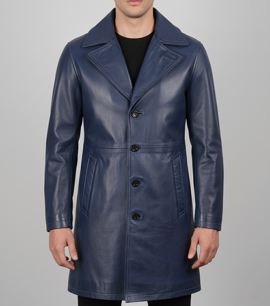 Mens Blue Leather Trench Coat - Front View