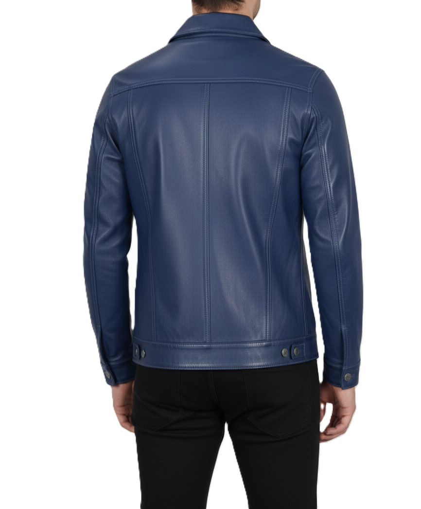 Men's Blue Leather Trucker Jacket - Back View