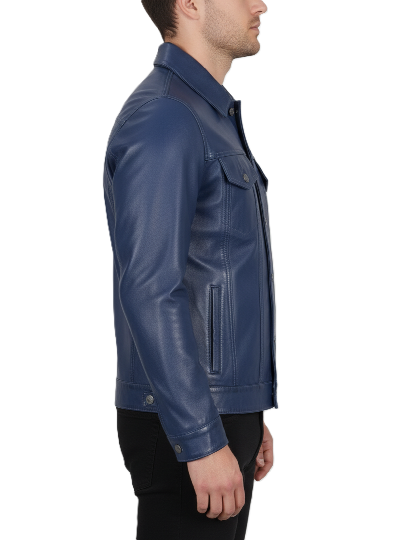 Men's Blue Leather Trucker Jacket - Side View