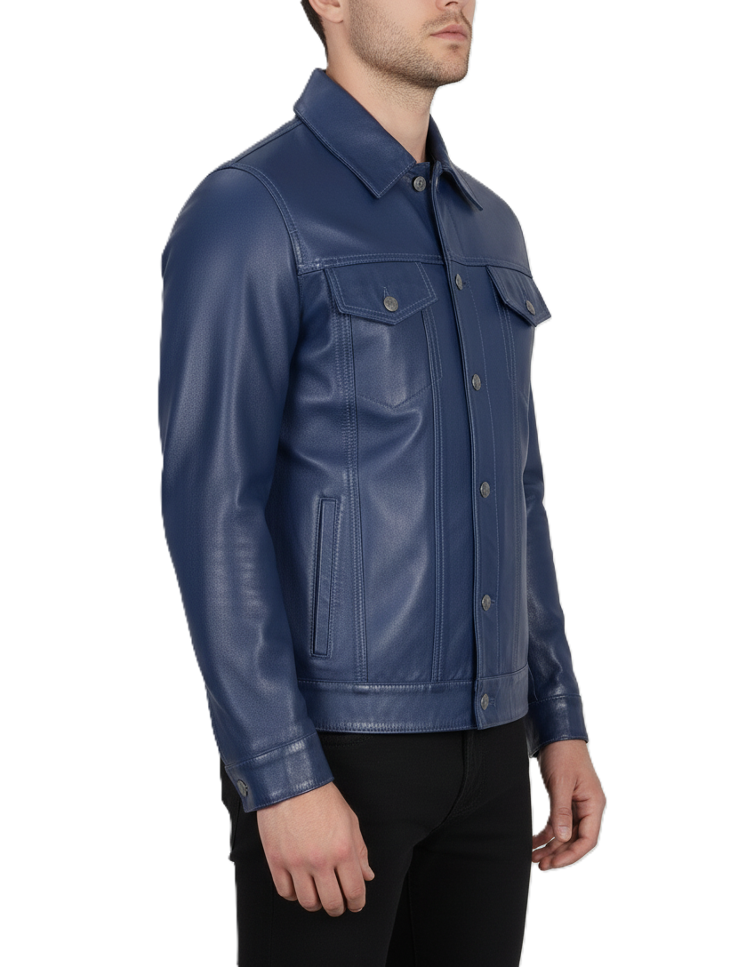 Men's Blue Leather Trucker Jacket - Detail View