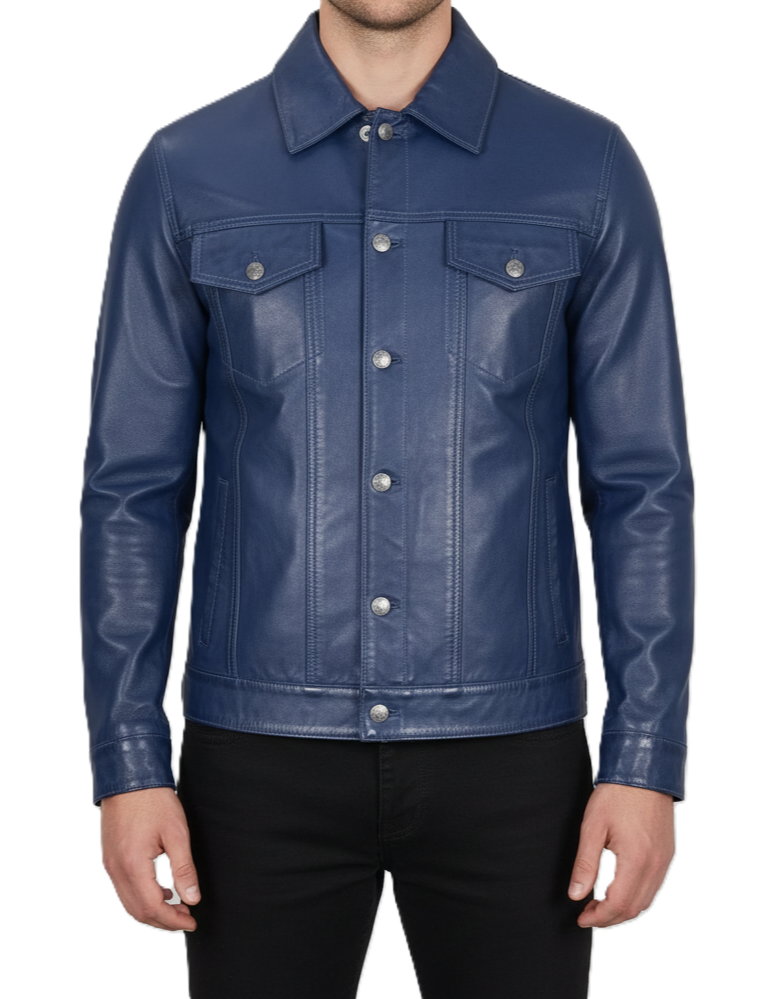 Men's Blue Leather Trucker Jacket - Front View