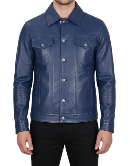 Men's Blue Leather Trucker Jacket - Front View