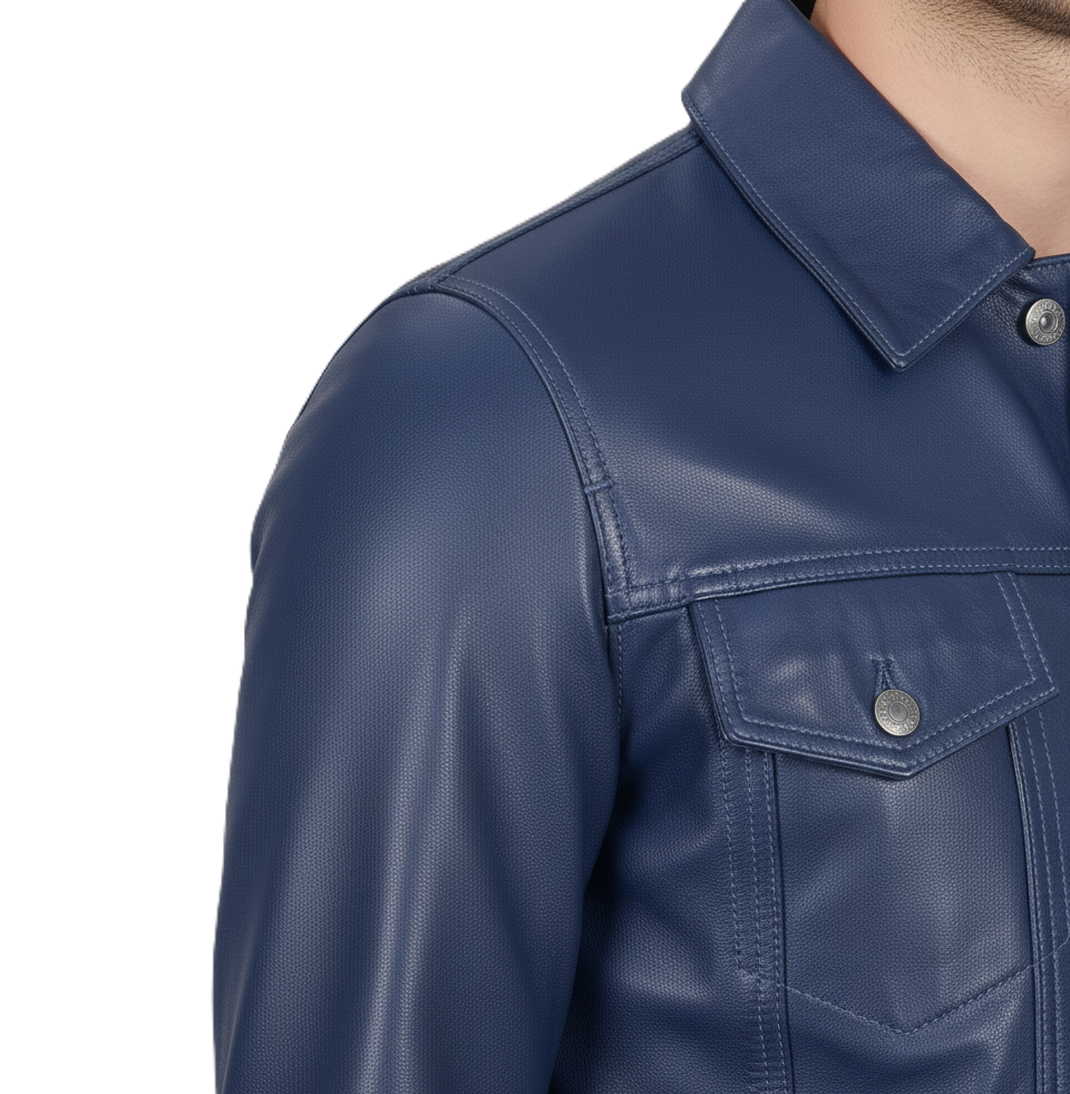 Men's Blue Leather Trucker Jacket - Full Look