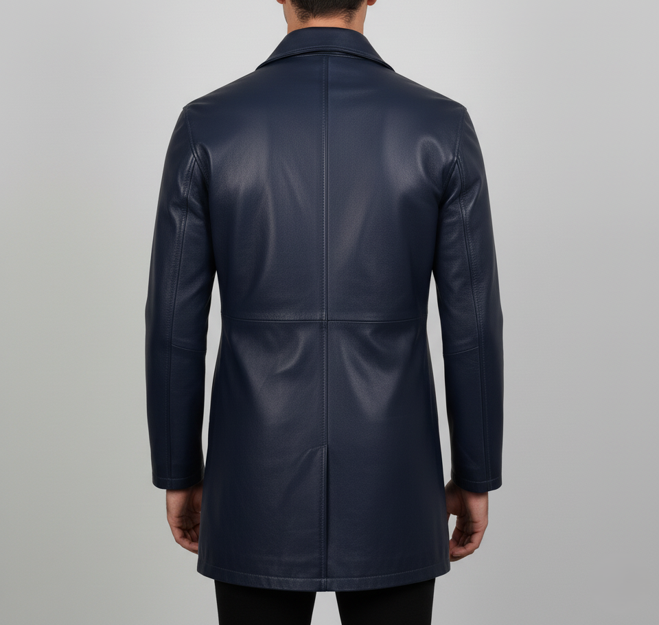 Mens Blue Waxed Leather Trench Coat - Back View