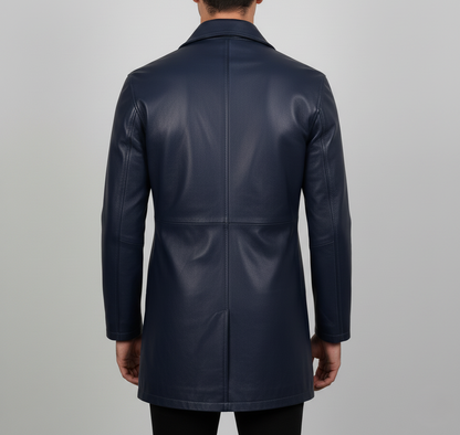 Mens Blue Waxed Leather Trench Coat - Back View