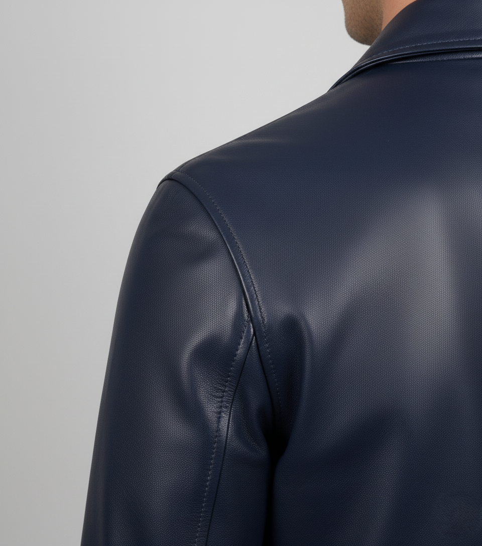 Mens Blue Waxed Leather Trench Coat - Collar Detail