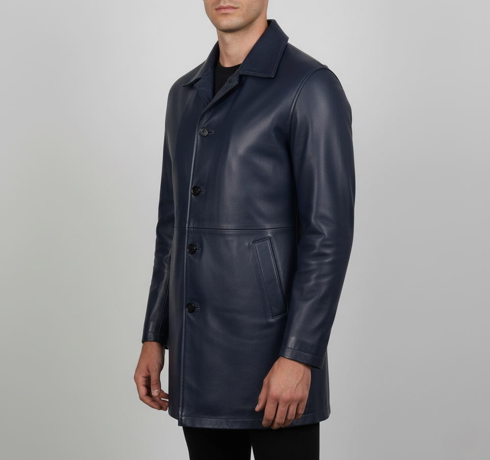 Mens Blue Waxed Leather Trench Coat - Detail View
