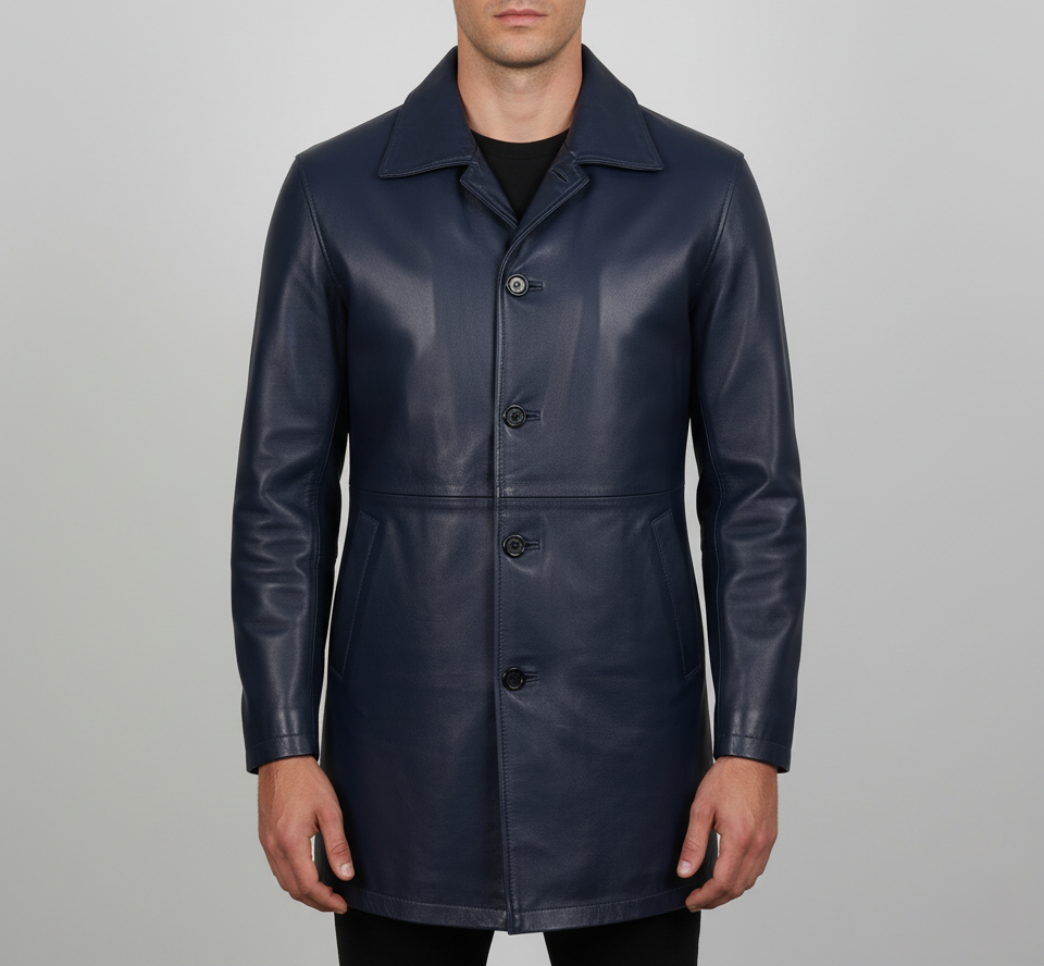 Mens Blue Waxed Leather Trench Coat - Front View