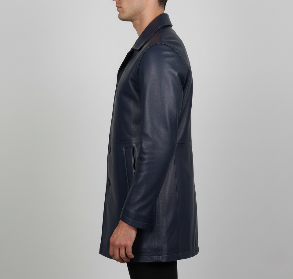 Mens Blue Waxed Leather Trench Coat - Side View