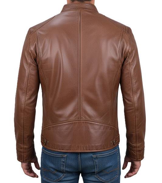 Mens Brown Cafe Racer Leather Jacket - Back View
