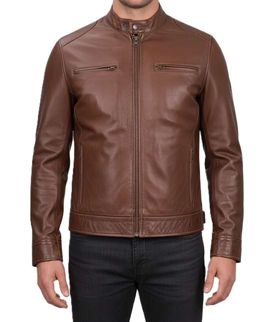 Mens Brown Cafe Racer Leather Jacket - Front View