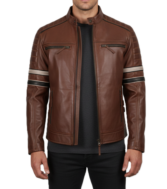 Mens Brown Leather Biker Jacket with Stripes - Front View