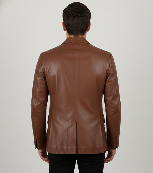 Mens Brown Leather Blazer Slim Fit Coat - Back View