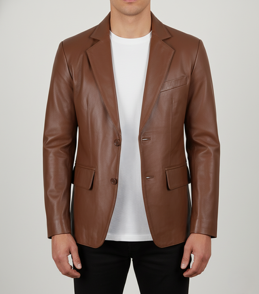 Mens Brown Leather Blazer Slim Fit Coat - Front View