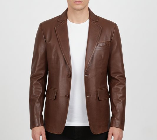 Mens Brown Leather Blazer Tailored Fit Coat - Front View