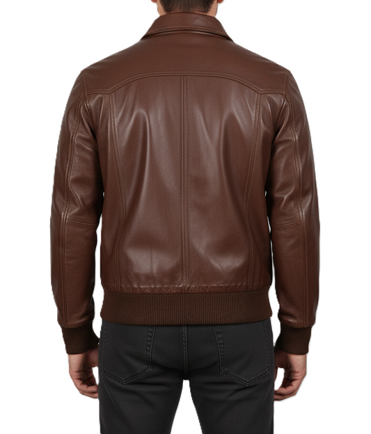 Mens Brown Leather Bomber Jacket with Shirt Collar - Back View