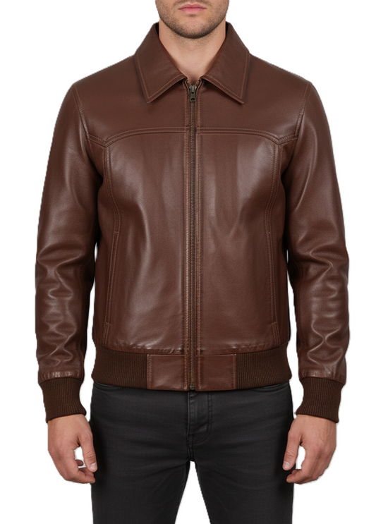 Mens Brown Leather Bomber Jacket with Shirt Collar - Front View