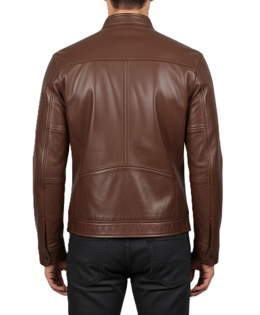 Mens Brown Leather Cafe Racer Jacket - Back View