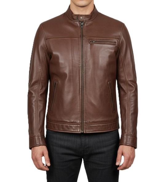 Mens Brown Leather Cafe Racer Jacket - Front View