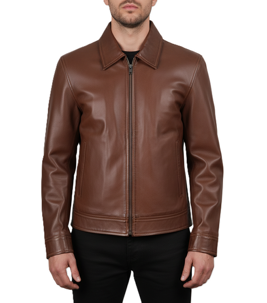 Mens Brown Leather Harrington Jacket - Front View