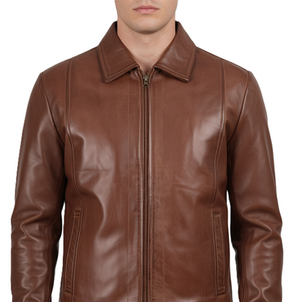 Mens Brown Leather Shirt Jacket - Collar Detail