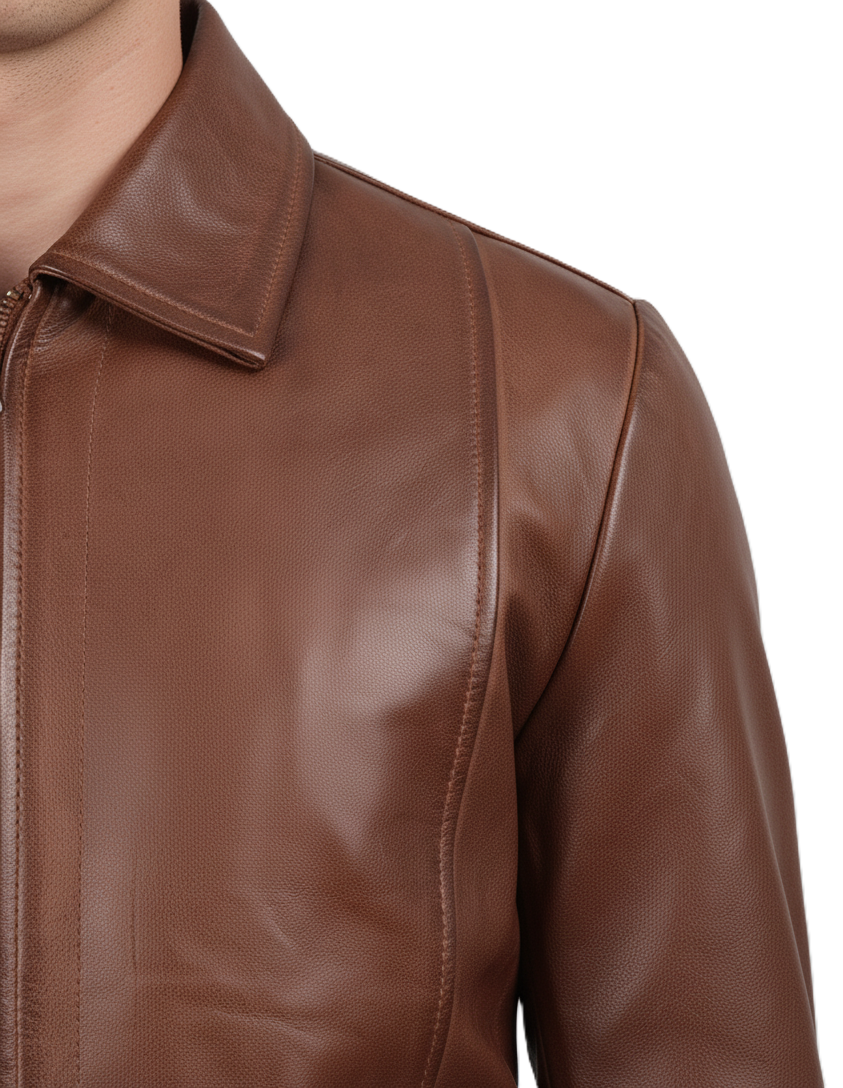 Mens Brown Leather Shirt Jacket - Detail View