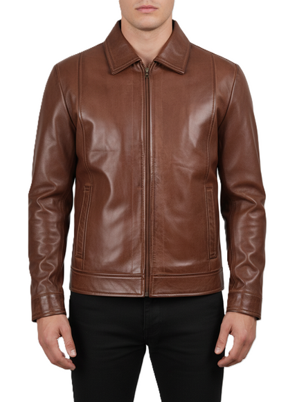 Mens Brown Leather Shirt Jacket - Front View