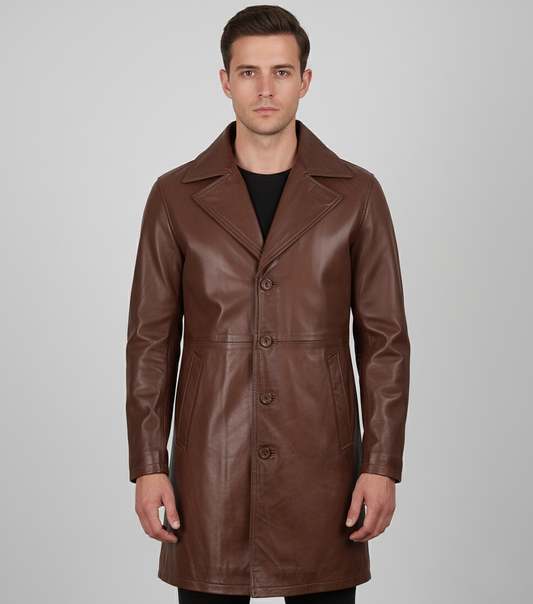Mens Brown Leather Trench Coat - Front View
