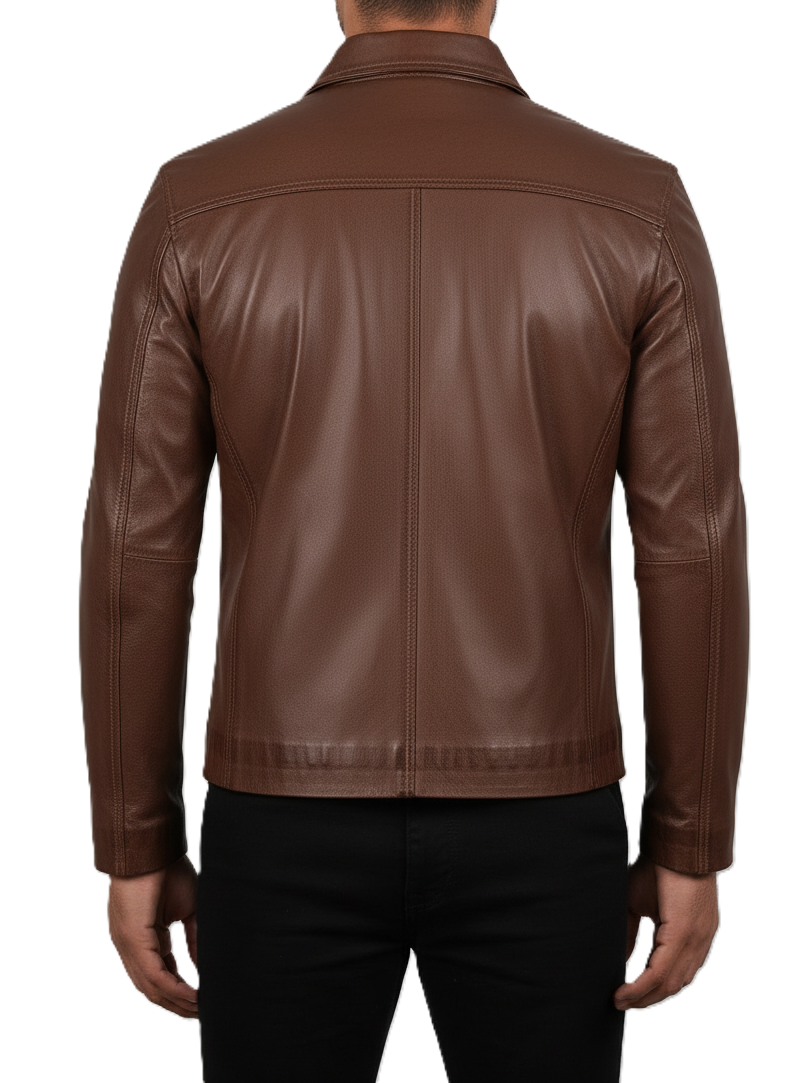 Mens Brown Shirt Collar Leather Jacket - Back View