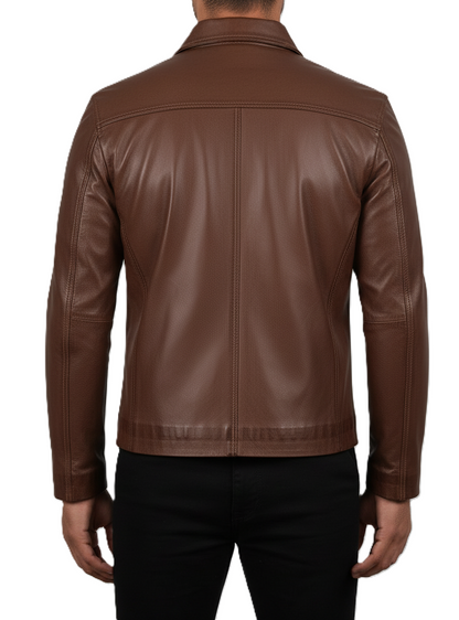 Mens Brown Shirt Collar Leather Jacket - Back View