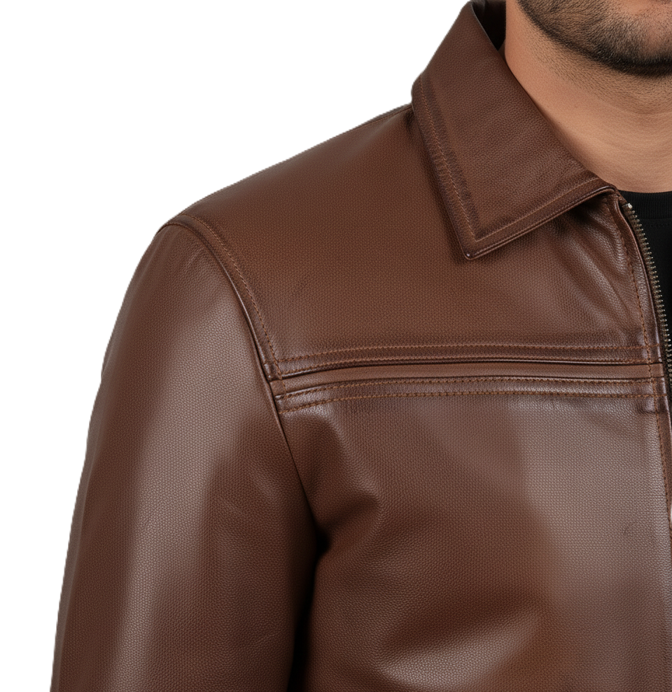 Mens Brown Shirt Collar Leather Jacket - Collar Detail