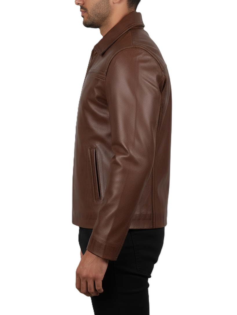 Mens Brown Shirt Collar Leather Jacket - Detail View