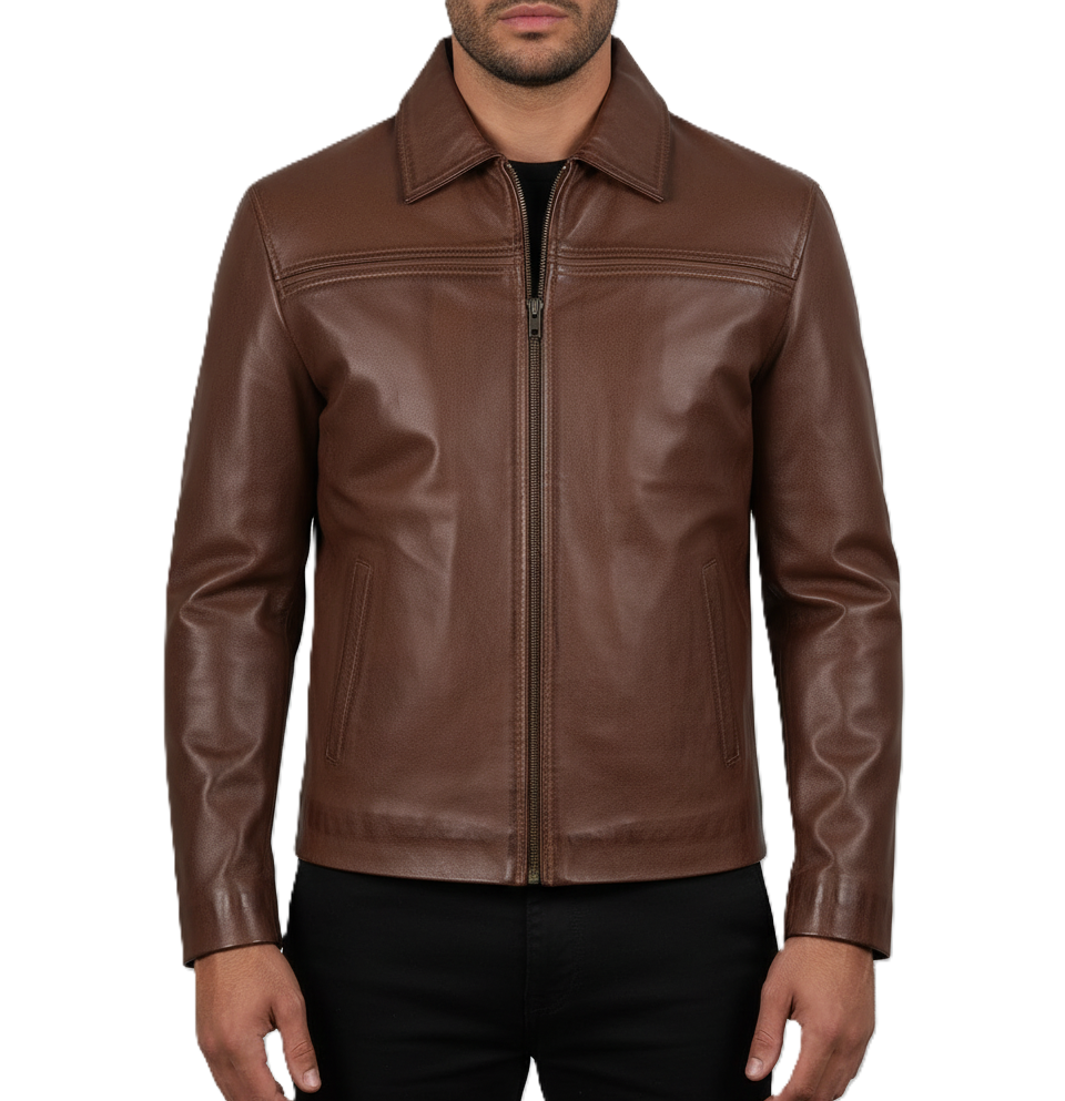 Mens Brown Shirt Collar Leather Jacket - Front View