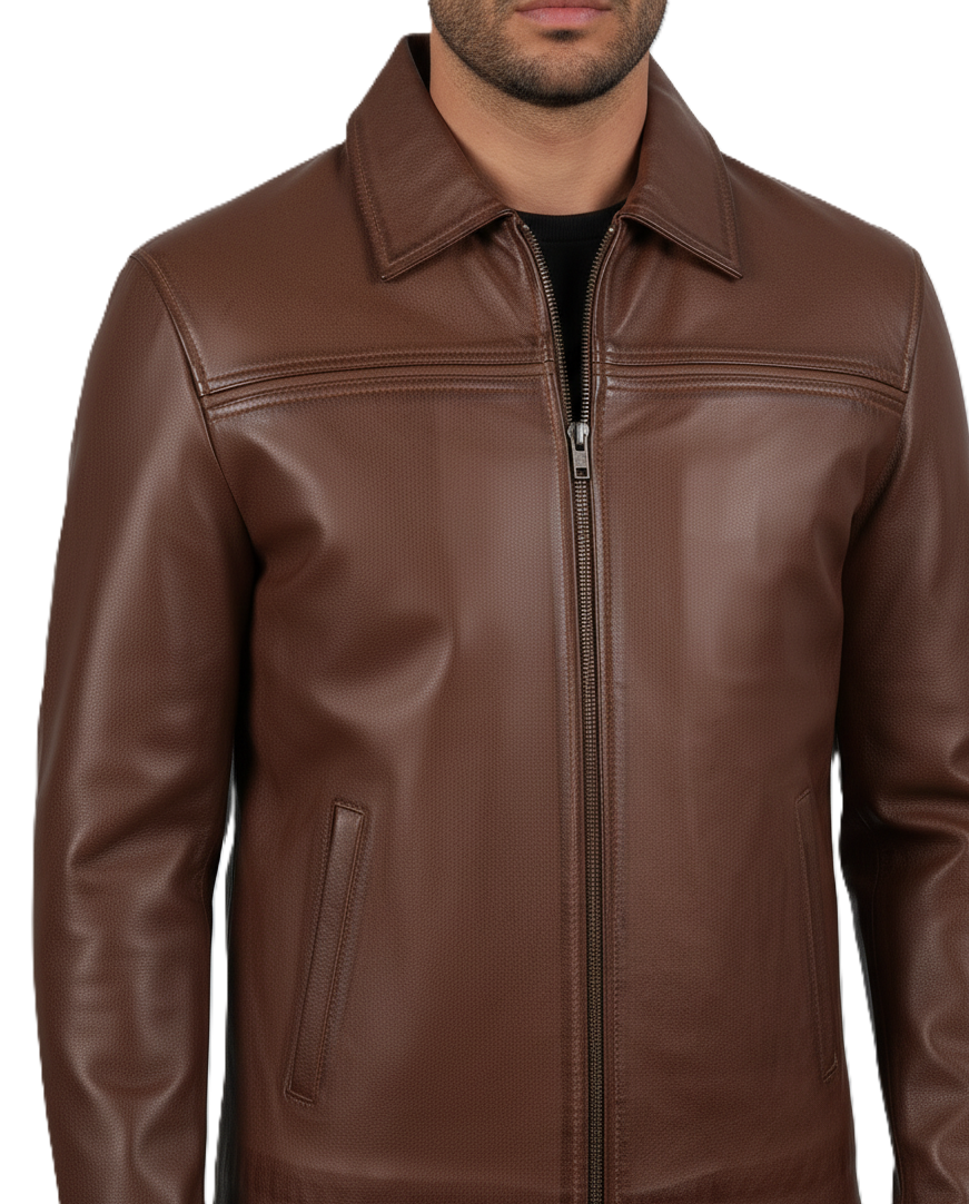 Mens Brown Shirt Collar Leather Jacket - Full Look