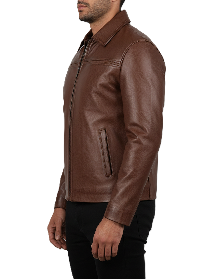 Mens Brown Shirt Collar Leather Jacket - Side View